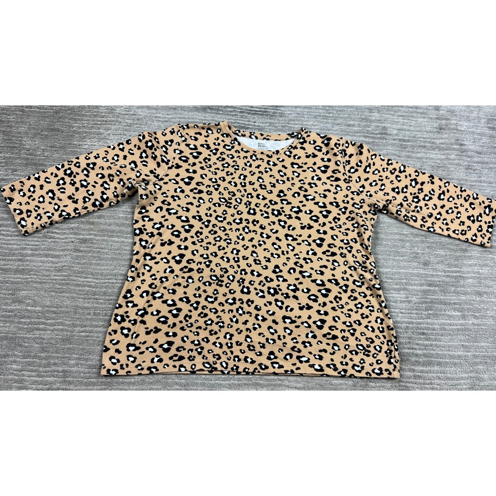 Kim Rogers Top Womens S Tan Leopard Perfectly Soft 3/4 Sleeve Cotton Crew Neck